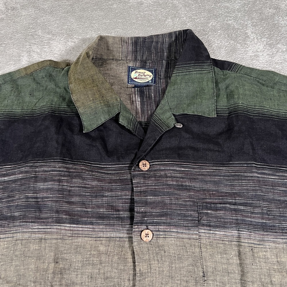 Tommy Bahama Shirt Mens Medium Green Black Linen Striped‎ Button Up Summer